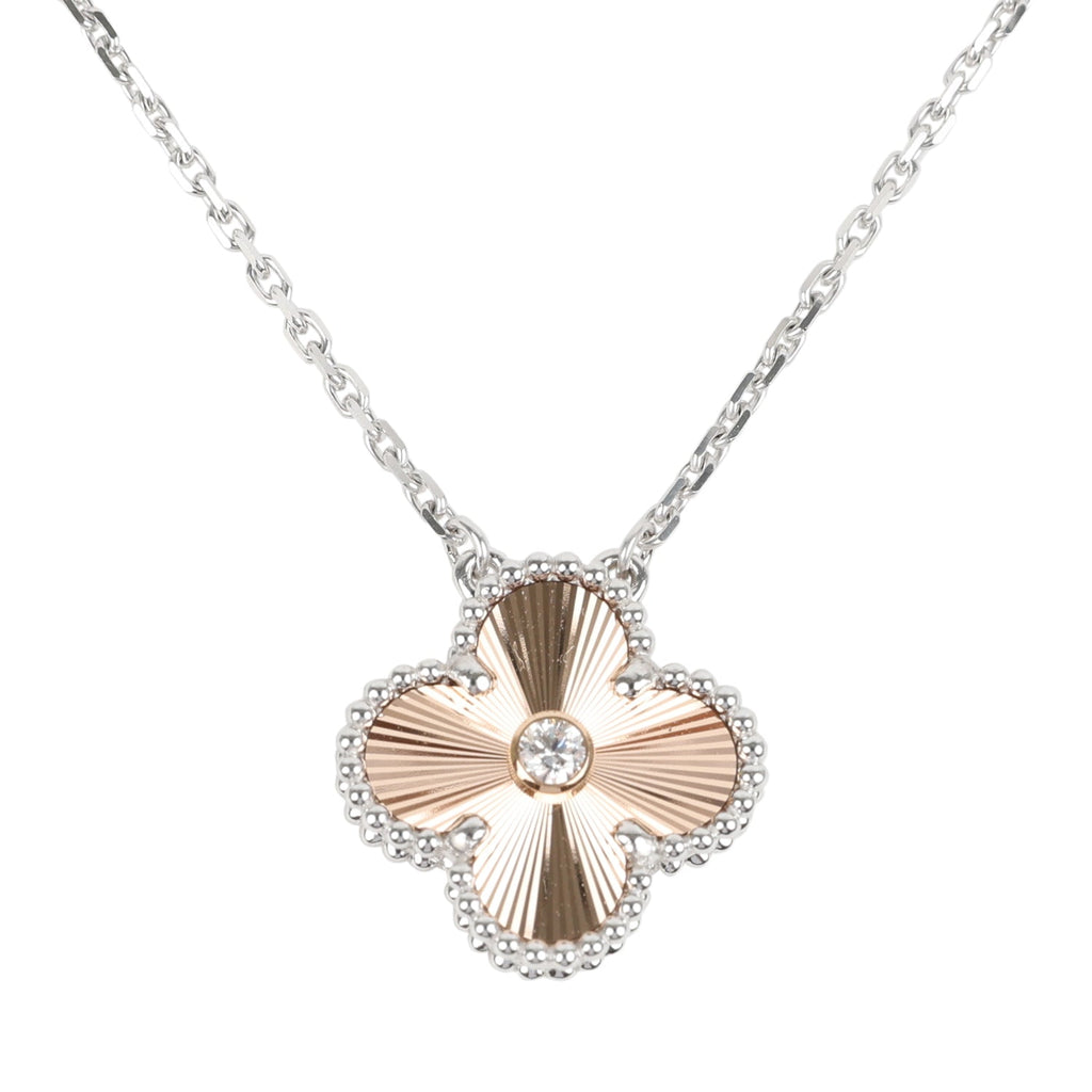 Van Cleef & Arpels 2024 Holiday Vintage Alhambra Pendant Necklace Rose Gold Guilloche 18K White Gold & Diamonds