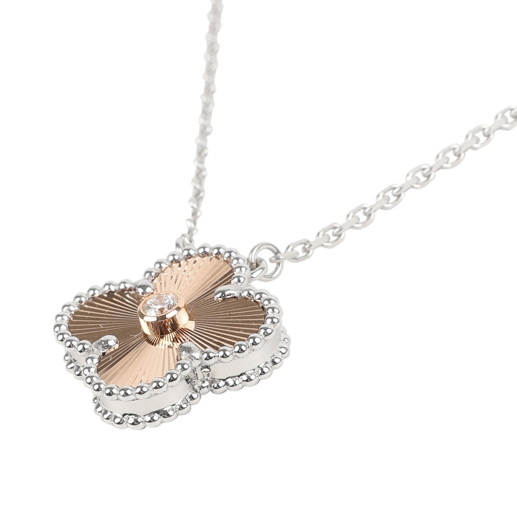 Van Cleef & Arpels 2024 Holiday Vintage Alhambra Pendant Necklace Rose Gold Guilloche 18K White Gold & Diamonds