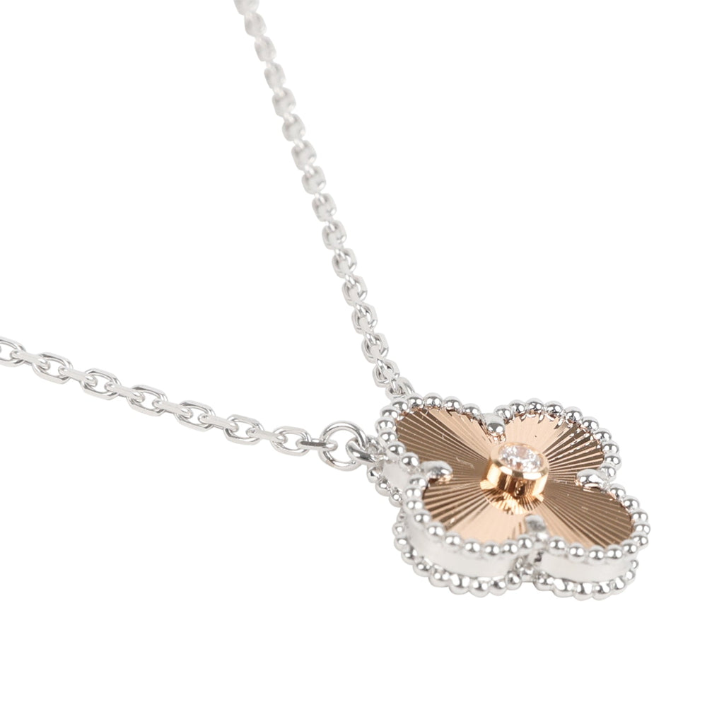 Van Cleef & Arpels 2024 Holiday Vintage Alhambra Pendant Necklace Rose Gold Guilloche 18K White Gold & Diamonds