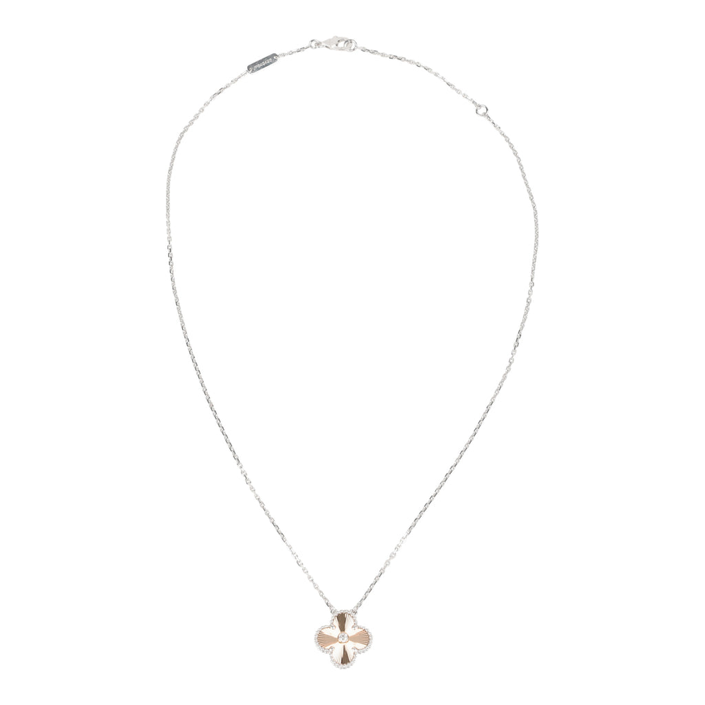 Van Cleef & Arpels 2024 Holiday Vintage Alhambra Pendant Necklace Rose Gold Guilloche 18K White Gold & Diamonds