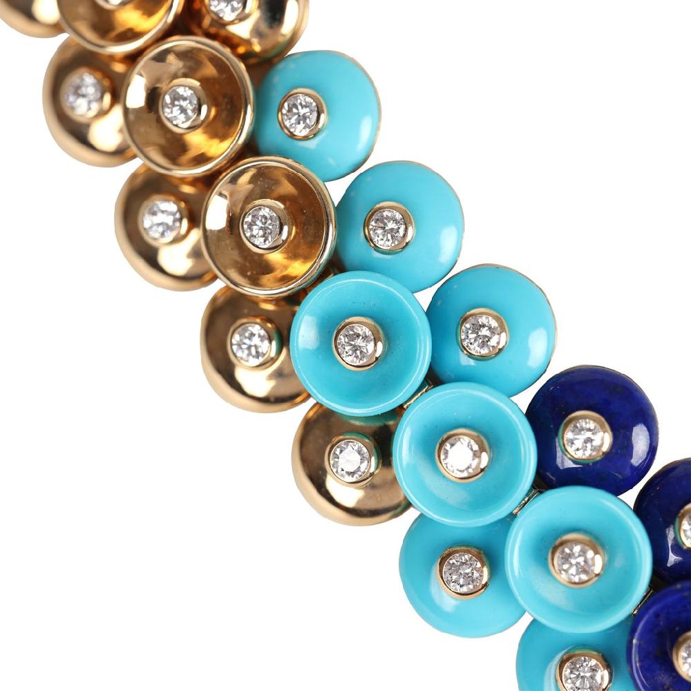 Van Cleef & Arpels Bouton D’Or Necklace Turquoise Lapis Lazuli And Diamonds & Yellow 18K Gold Hardware