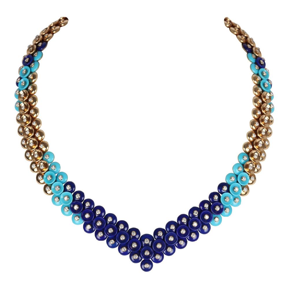 Van Cleef & Arpels Bouton D’Or Necklace Turquoise Lapis Lazuli and Diamonds & Yellow 18K Gold Hardware