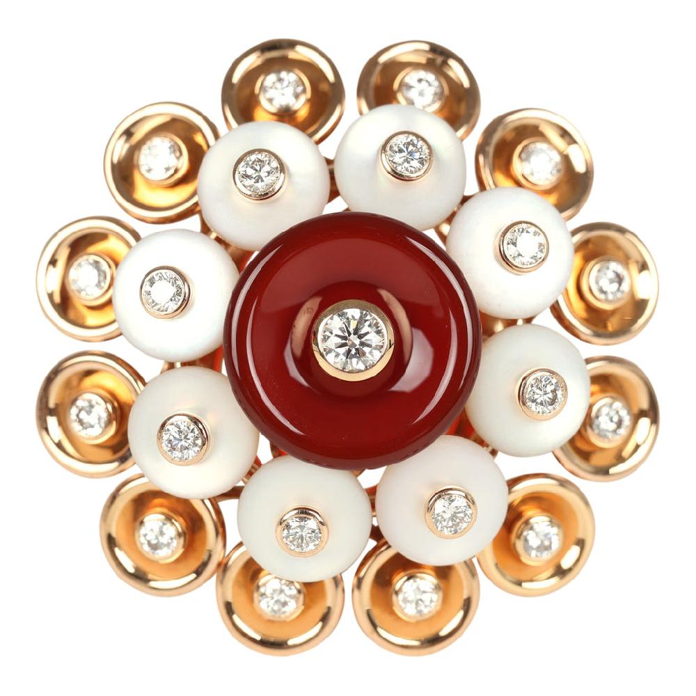 Van Cleef & Arpels Bouton D’or Ring Carnelian Mother Of Pearl 18K Rose Gold Hardware & Diamonds