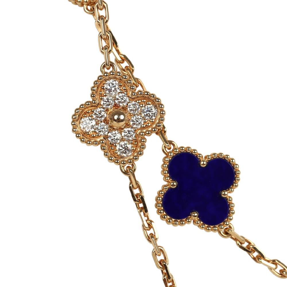 Van Cleef & Arpels "Vendome" Vintage Alhambra 20 Motif Long Necklace Blue Sevres Porcelain 18K Yellow Gold Hardware & Diamonds