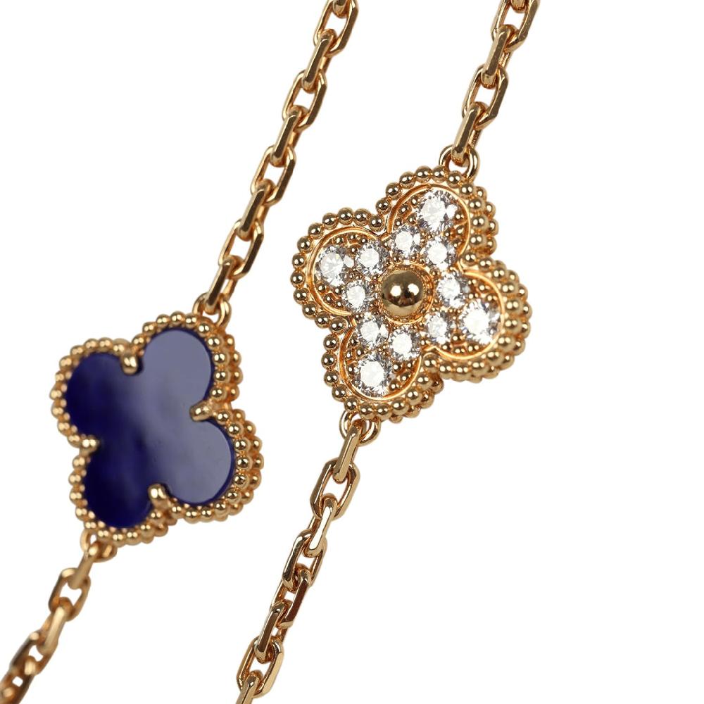 Van Cleef & Arpels "Vendome" Vintage Alhambra 20 Motif Long Necklace Blue Sevres Porcelain 18K Yellow Gold Hardware & Diamonds