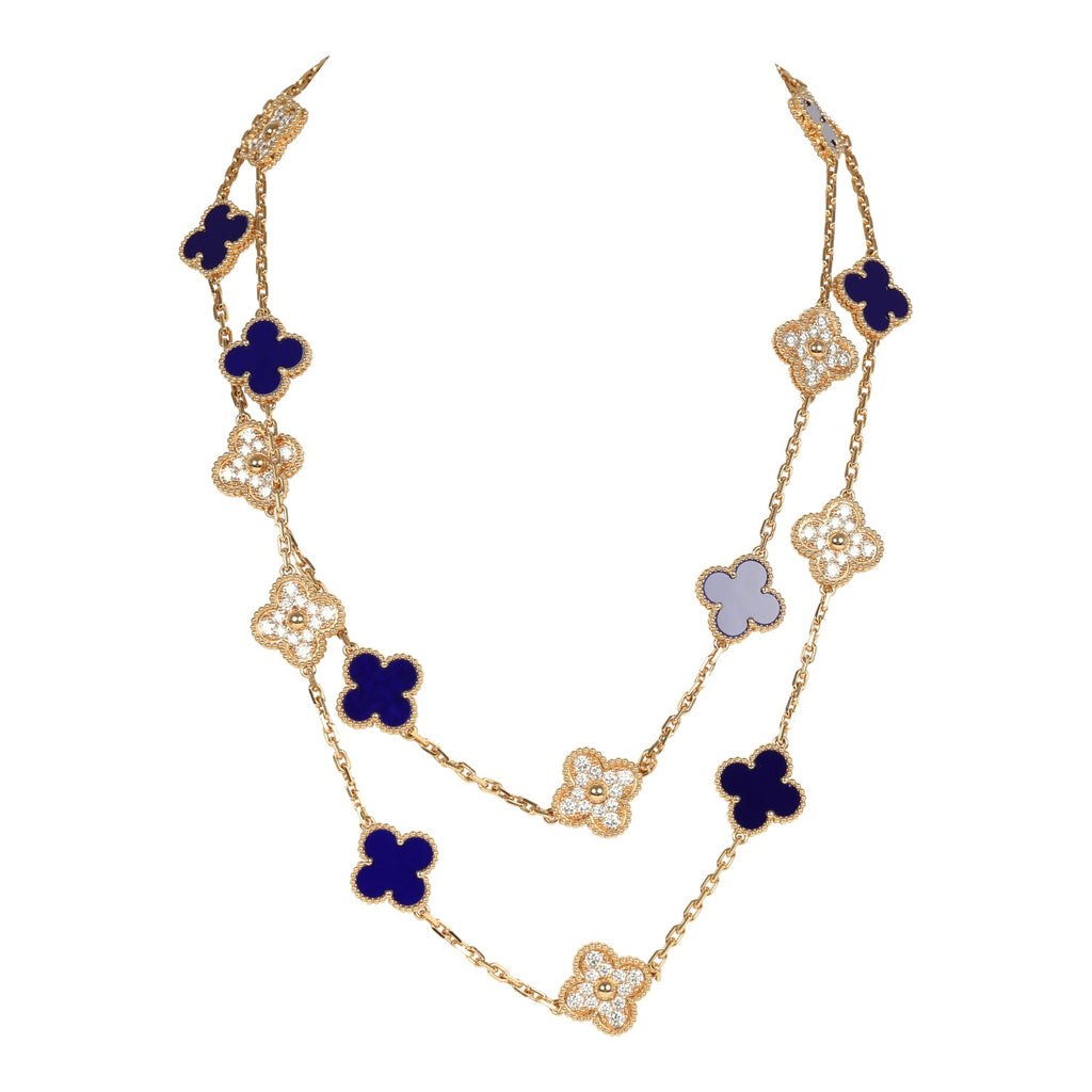 Van Cleef & Arpels "Vendome" Vintage Alhambra 20 Motif Long Necklace Blue Sevres Porcelain 18K Yellow Gold Hardware & Diamonds