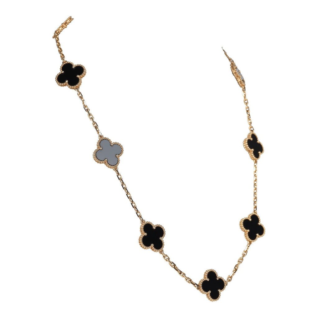 Van Cleef & Arpels Vintage Alhambra 10 Motif Necklace Onyx And 18k Yellow Gold
