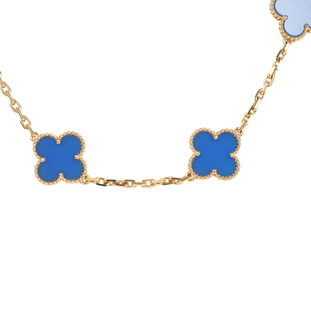 Van Cleef & Arpels Vintage Alhambra 10 Motif Necklace Blue Agate 18K Yellow Gold Hardware