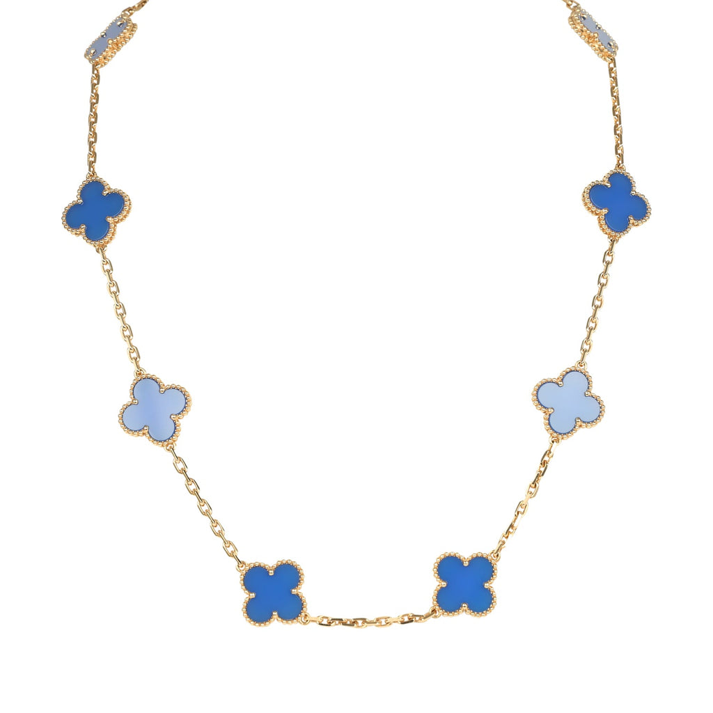 Van Cleef & Arpels Vintage Alhambra 10 Motif Necklace Blue Agate 18K Yellow Gold Hardware