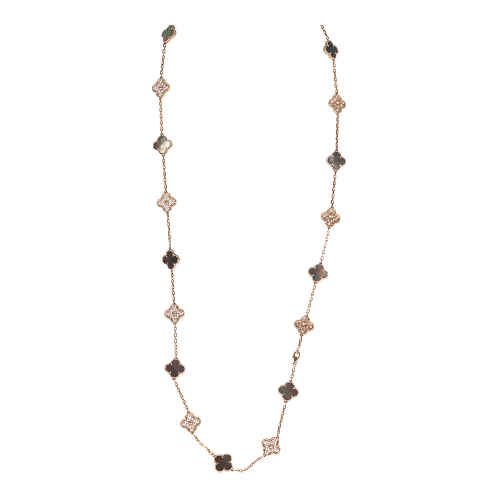 Van Cleef & Arpels Vintage Alhambra 20 Motif Long Necklace Mother Of Pearl Diamonds And 18K Rose Gold Hardware