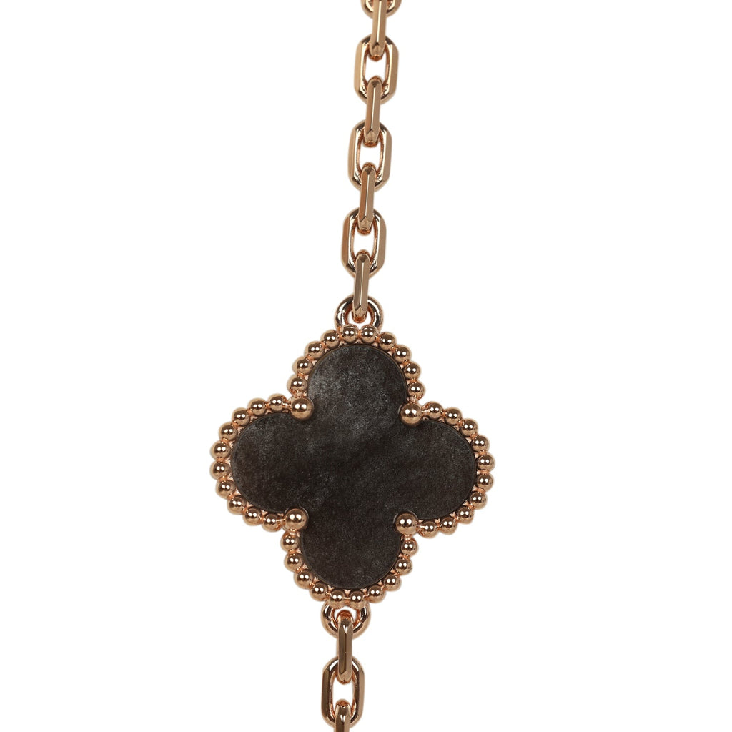 Van Cleef & Arpels Vintage Alhambra 20 Motif Long Necklace Silver Obsidian & 18K Rose Gold Hardware