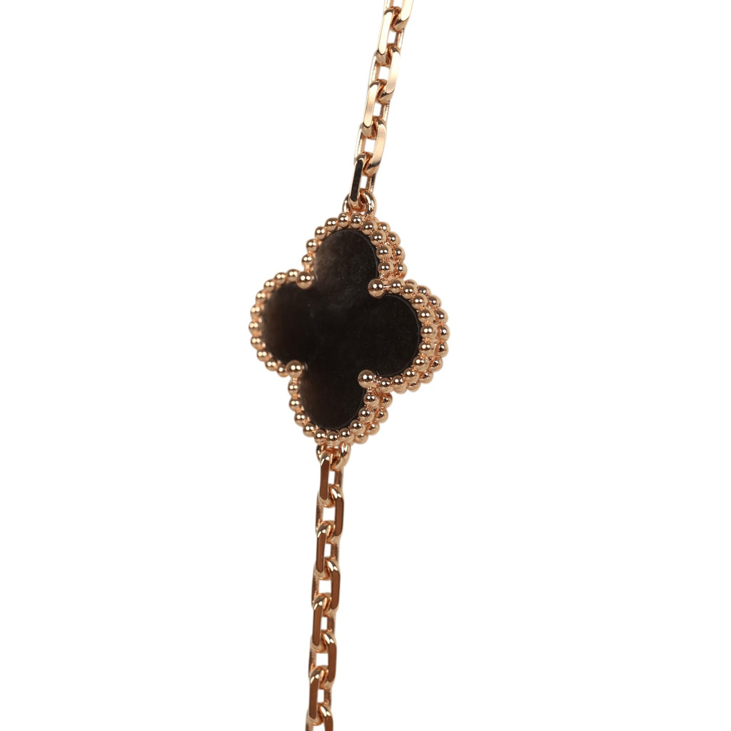 Van Cleef & Arpels Vintage Alhambra 20 Motif Long Necklace Silver Obsidian & 18K Rose Gold Hardware