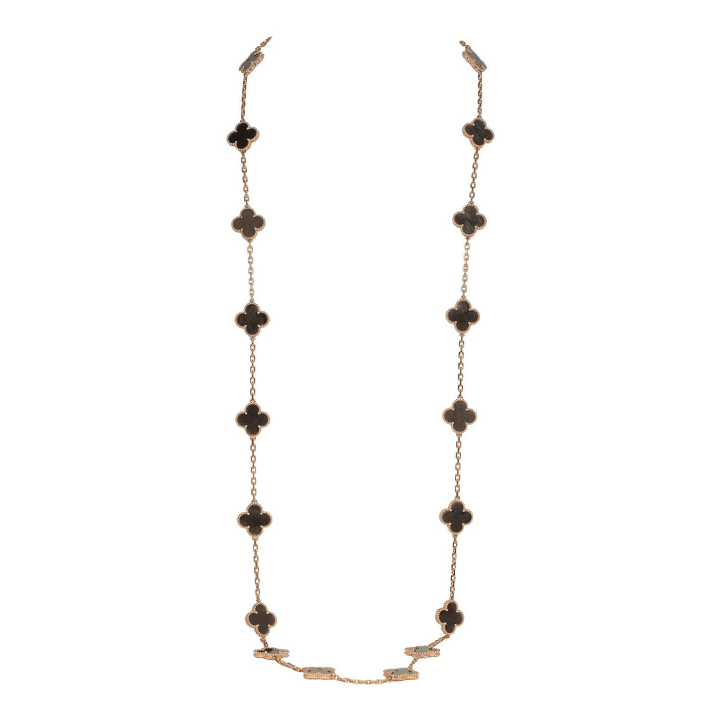 Van Cleef & Arpels Vintage Alhambra 20 Motif Long Necklace Silver Obsidian & 18K Rose Gold Hardware