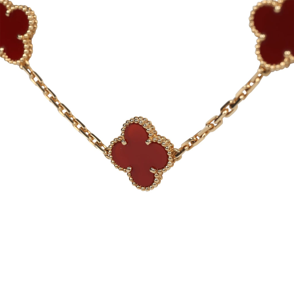 Van Cleef & Arpels Vintage Alhambra 20 Motif Necklace Carnelian 18K Yellow Gold Hardware