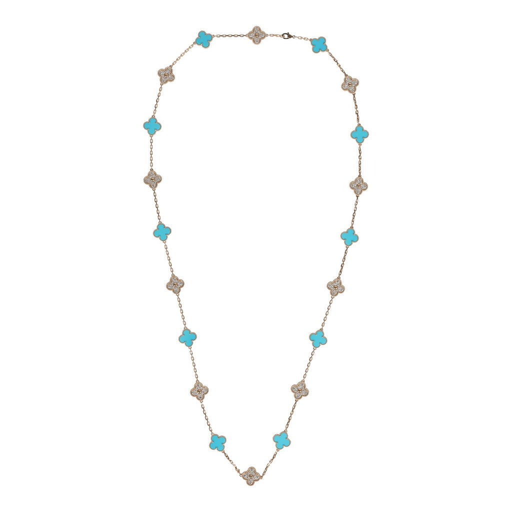 Van Cleef & Arpels Vintage Alhambra 20 Motif Necklace Turquoise Diamonds & Yellow 18K Gold Hardware