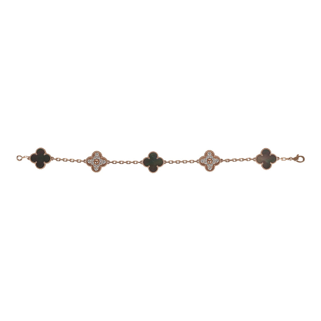 Van Cleef & Arpels Vintage Alhambra 5 Motif Bracelet Mother Of Pearl Diamonds & 18K Rose Gold Hardware