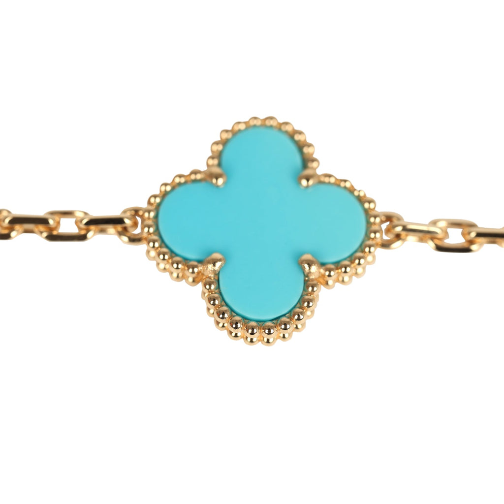 Van Cleef & Arpels Vintage Alhambra 5 Motif Bracelet Turquoise Diamonds & 18K Yellow Gold Hardware