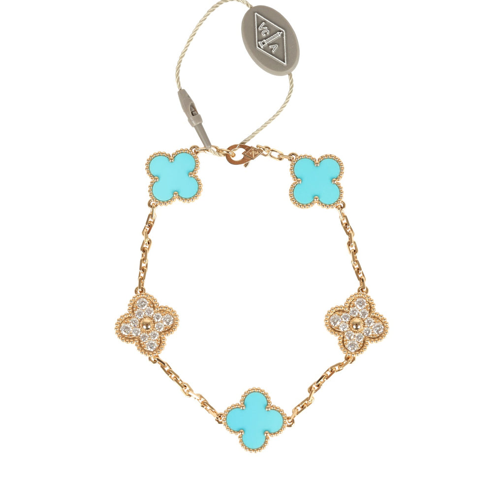 Van Cleef & Arpels Vintage Alhambra 5 Motif Bracelet Turquoise Diamonds & 18K Yellow Gold Hardware