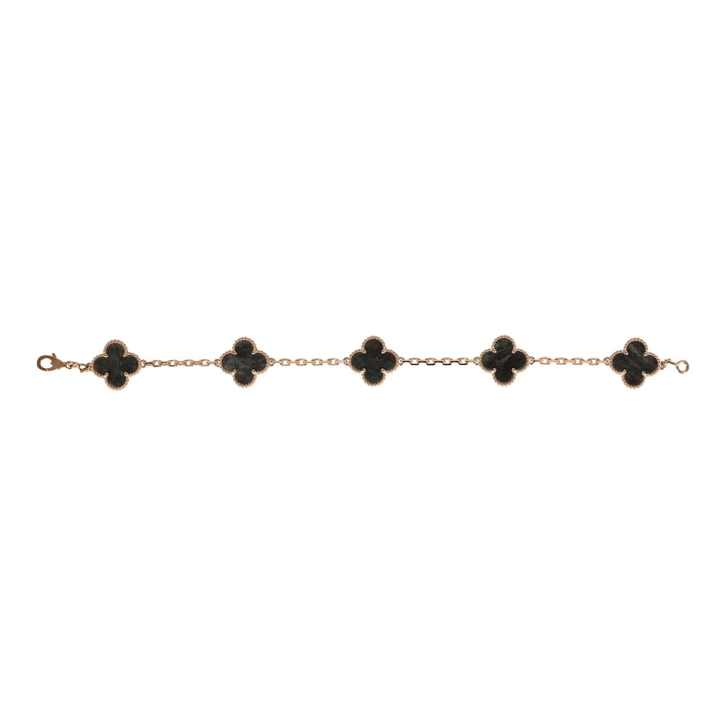 Van Cleef & Arpels Vintage Alhambra 5 Motif Bracelet Silver Obsidian 18K Rose Gold Hardware