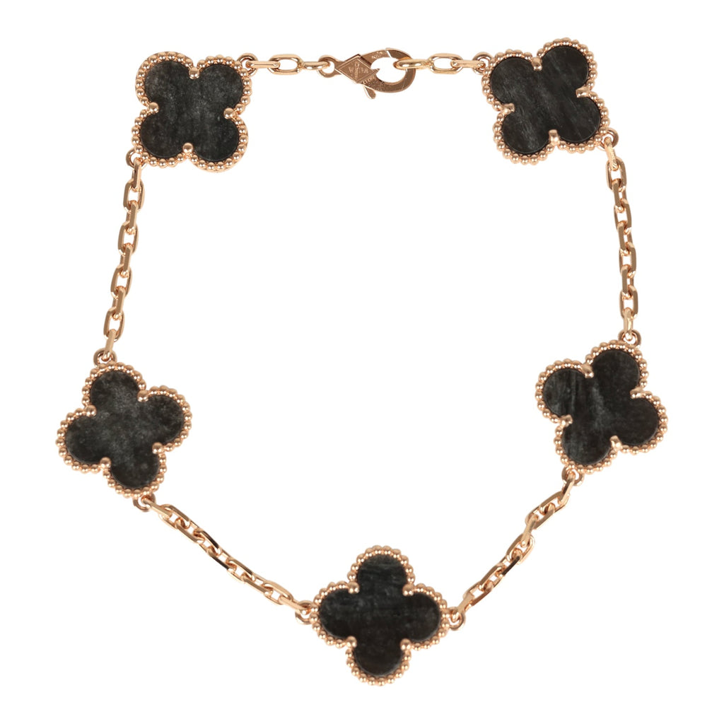 Van Cleef & Arpels Vintage Alhambra 5 Motif Bracelet Silver Obsidian 18K Rose Gold Hardware