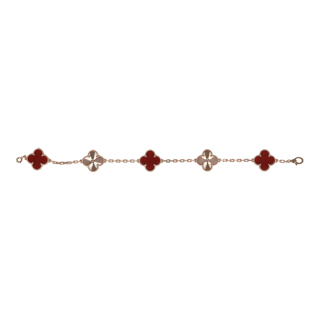 Van Cleef & Arpels Vintage Alhambra 5 Motif Bracelet Carnelian Guilloche 18K Rose Gold Hardware