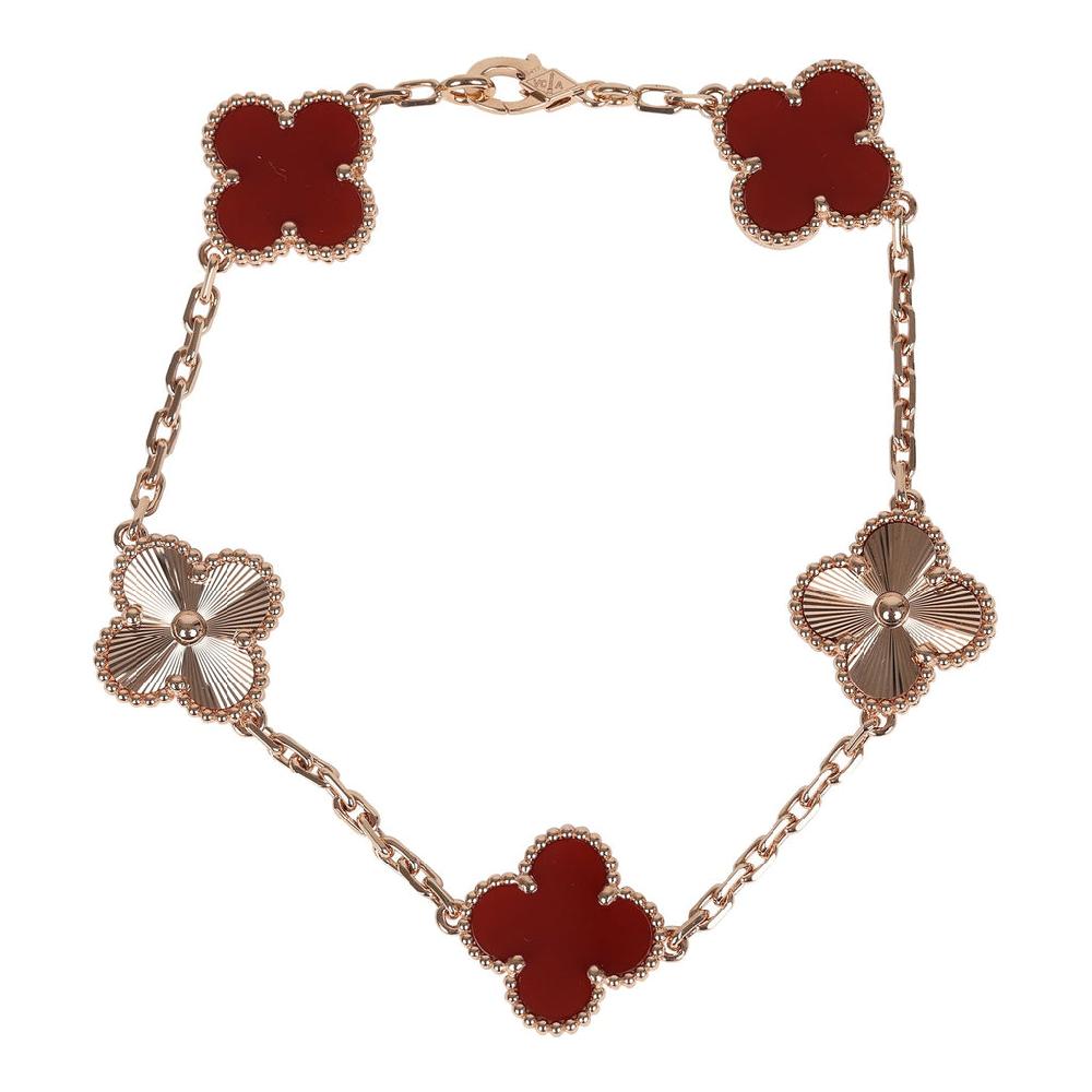 Van Cleef & Arpels Vintage Alhambra 5 Motif Bracelet Carnelian Guilloche 18K Rose Gold Hardware