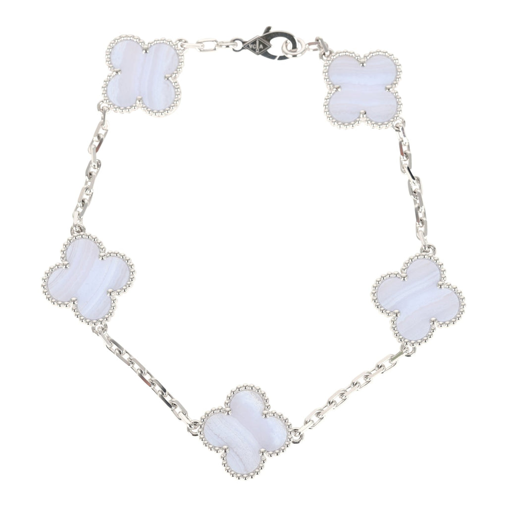 Van Cleef & Arpels Vintage Alhambra 5 Motif Bracelet Chalcedony 18K White Gold Hardware