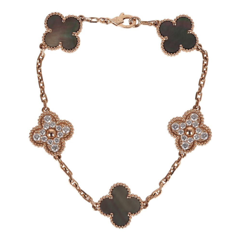 Van Cleef & Arpels Vintage Alhambra 5 Motif Bracelet Mother of Pearl Diamonds & 18K Rose Gold Hardware