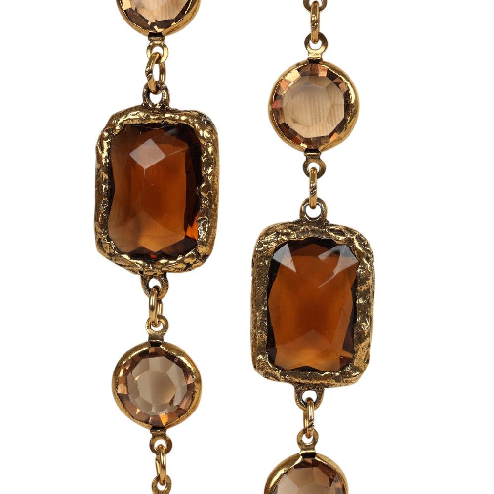 Vintage 1981 Chanel Chicklet Long Necklace Amber Brown Gripoix Gold Plated Hardware