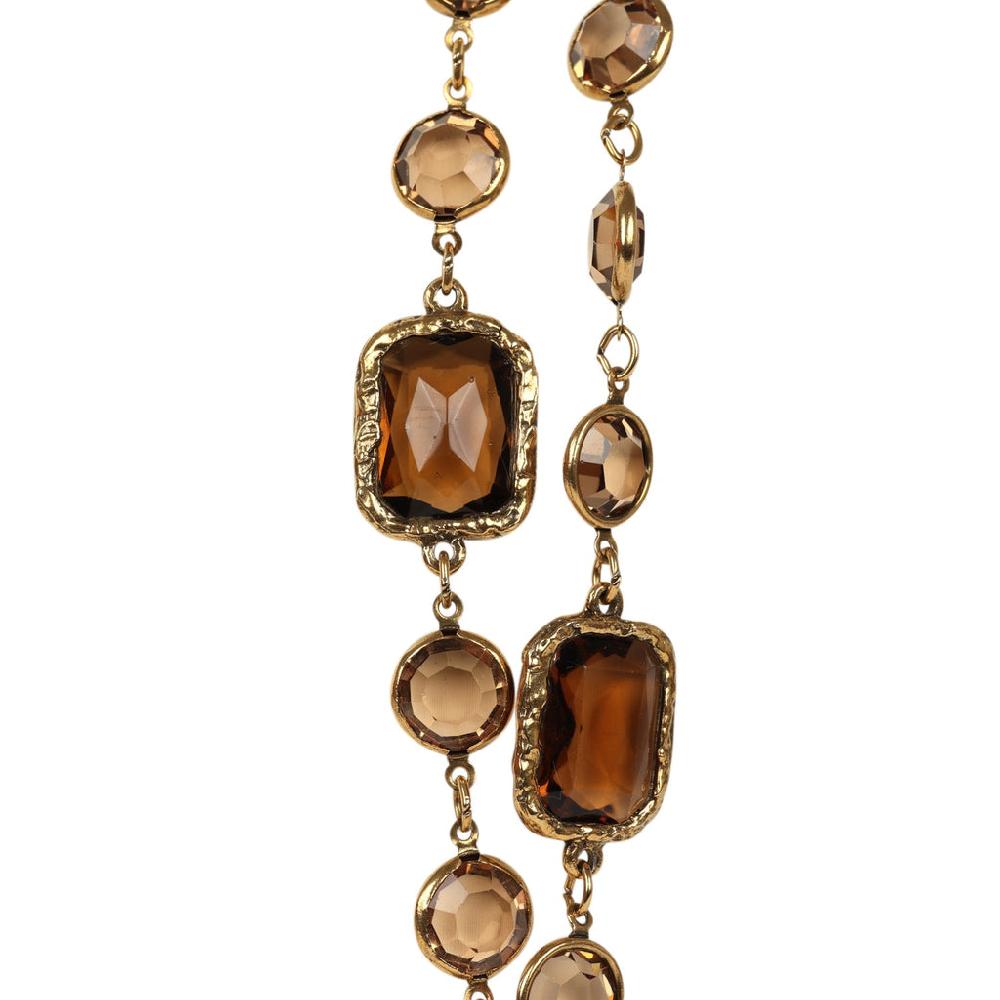Vintage 1981 Chanel Chicklet Long Necklace Amber Brown Gripoix Gold Plated Hardware