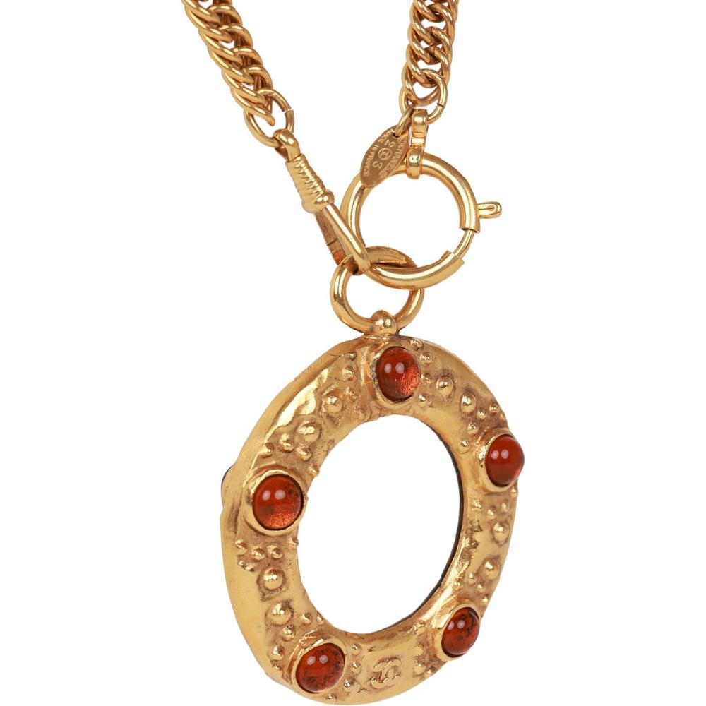 Vintage Chanel 24K Gold Plated Amber Gripoix Loupe Pendant Necklace