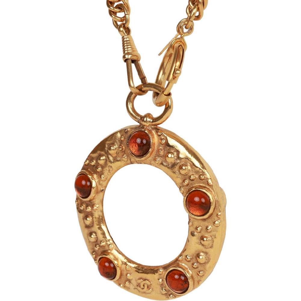 Vintage Chanel 24K Gold Plated Amber Gripoix Loupe Pendant Necklace