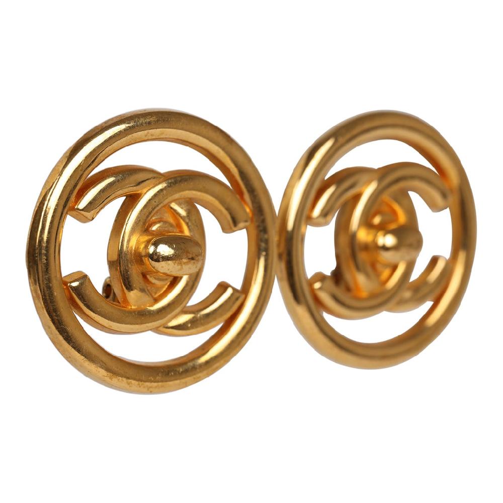 Vintage Chanel 24K Gold Plated CC Circle Turnlock Earrings