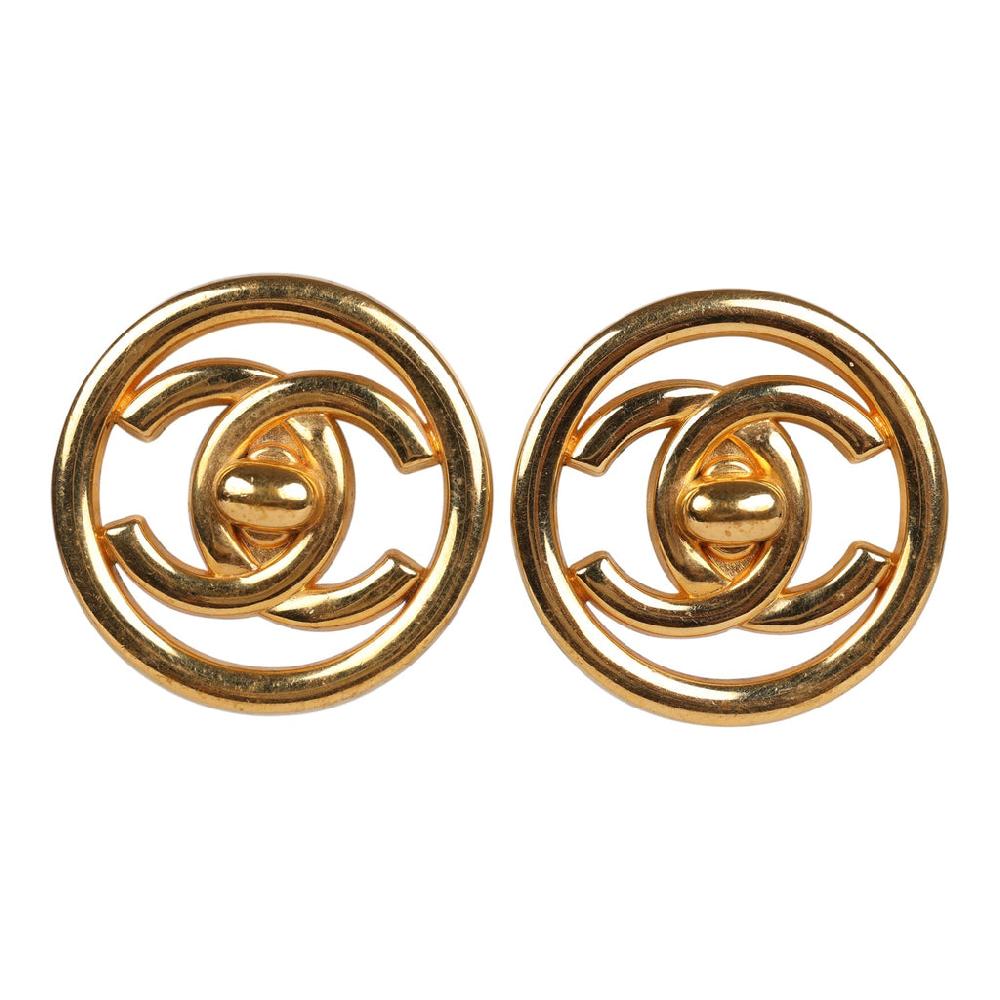Vintage Chanel 24K Gold Plated CC Circle Turnlock Earrings