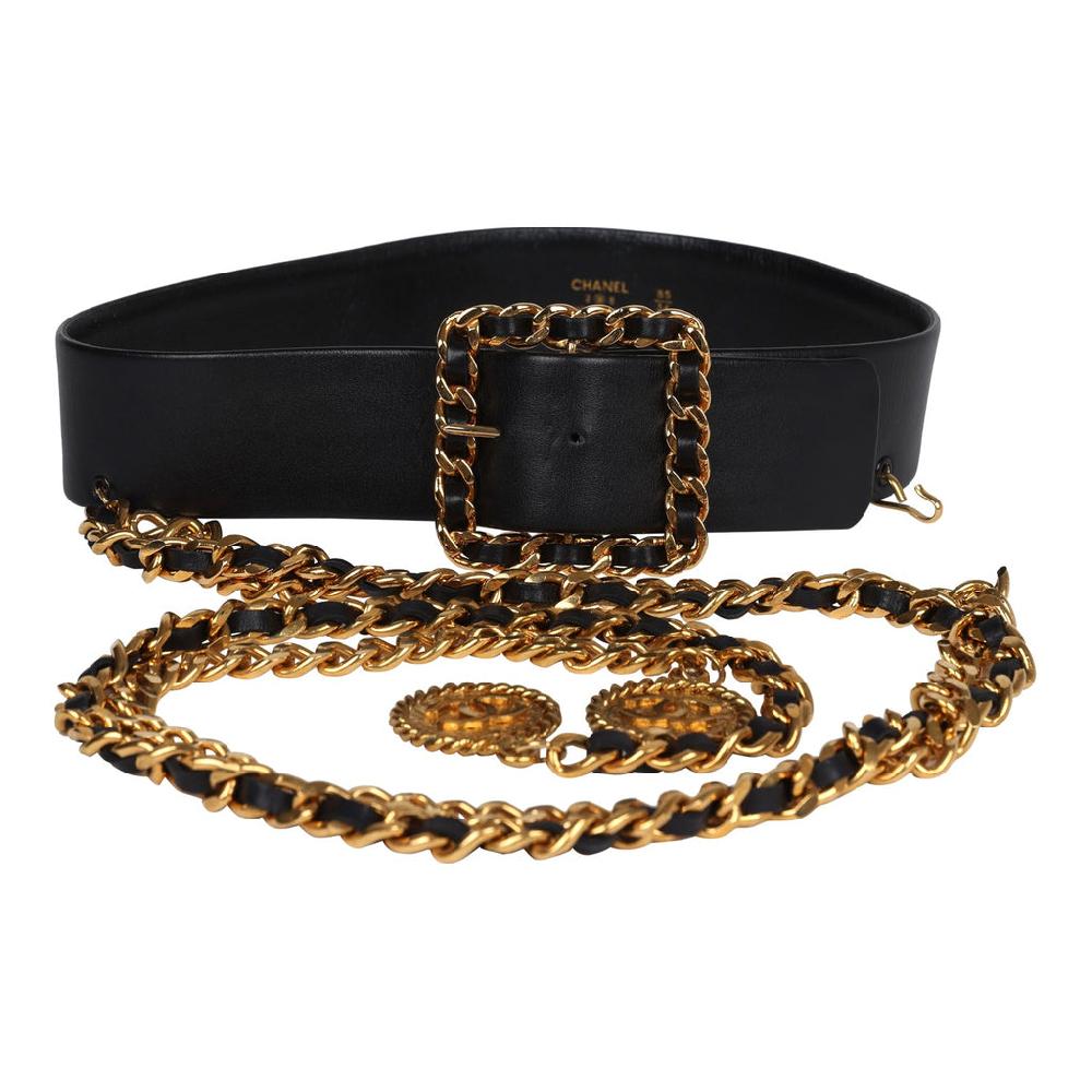 Vintage Chanel 24K Gold Plated CC Medallion Chainlink Leather Belt Black Leather