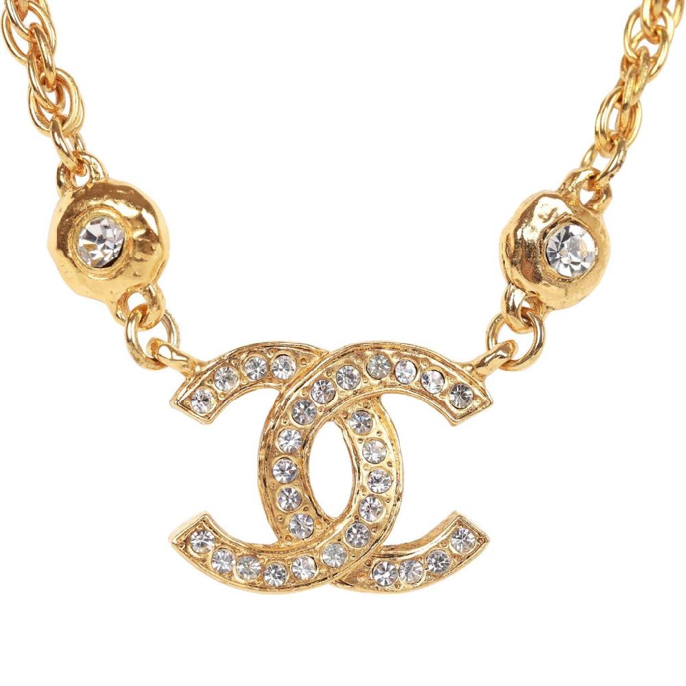Vintage Chanel 24K Gold Plated Crystal Signature CC Logo Necklace