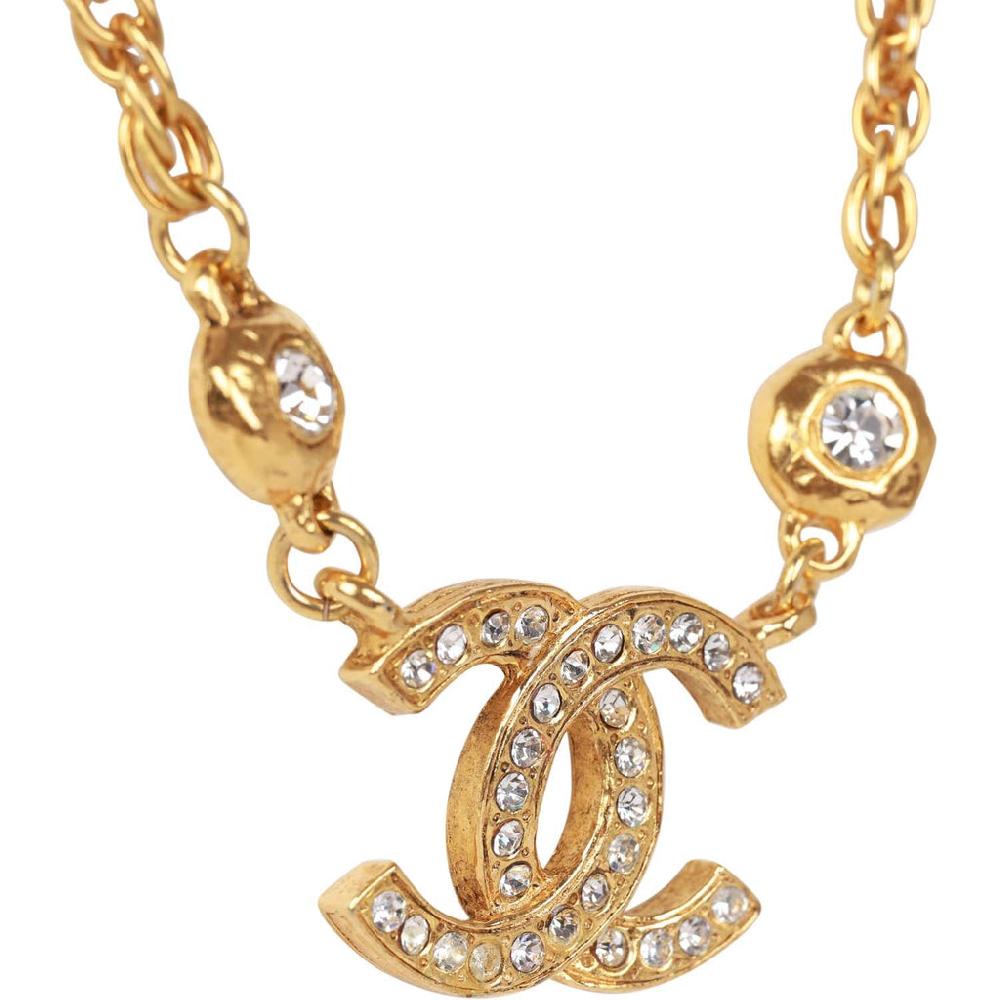 Vintage Chanel 24K Gold Plated Crystal Signature CC Logo Necklace