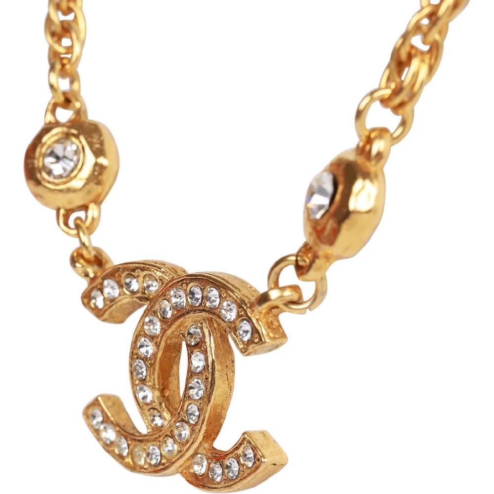 Vintage Chanel 24K Gold Plated Crystal Signature CC Logo Necklace