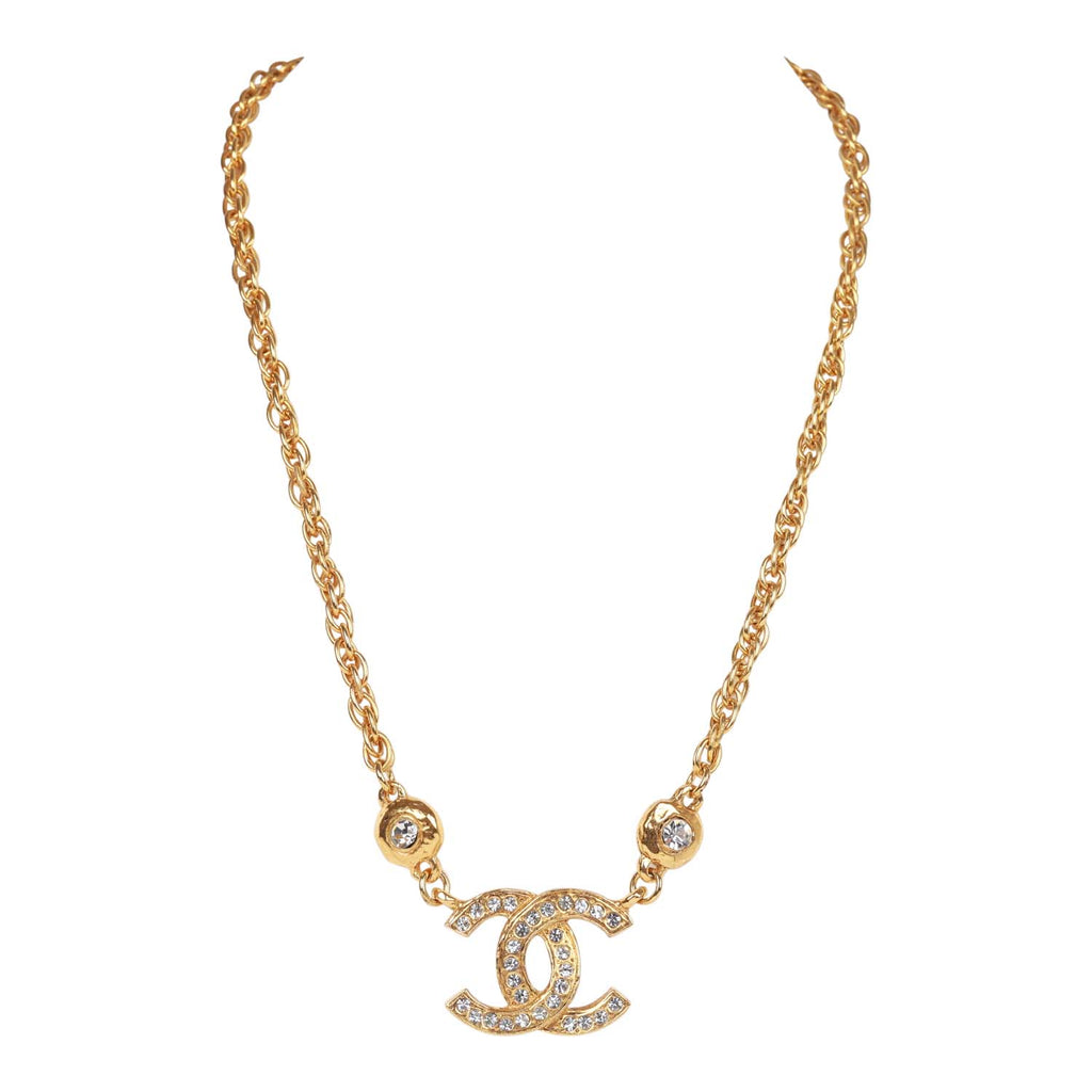 Vintage Chanel 24K Gold Plated Crystal Signature CC Logo Necklace