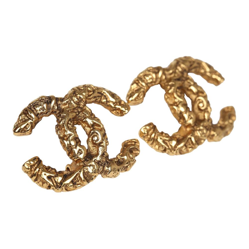 Vintage Chanel 24K Gold Plated Florentine CC Earrings