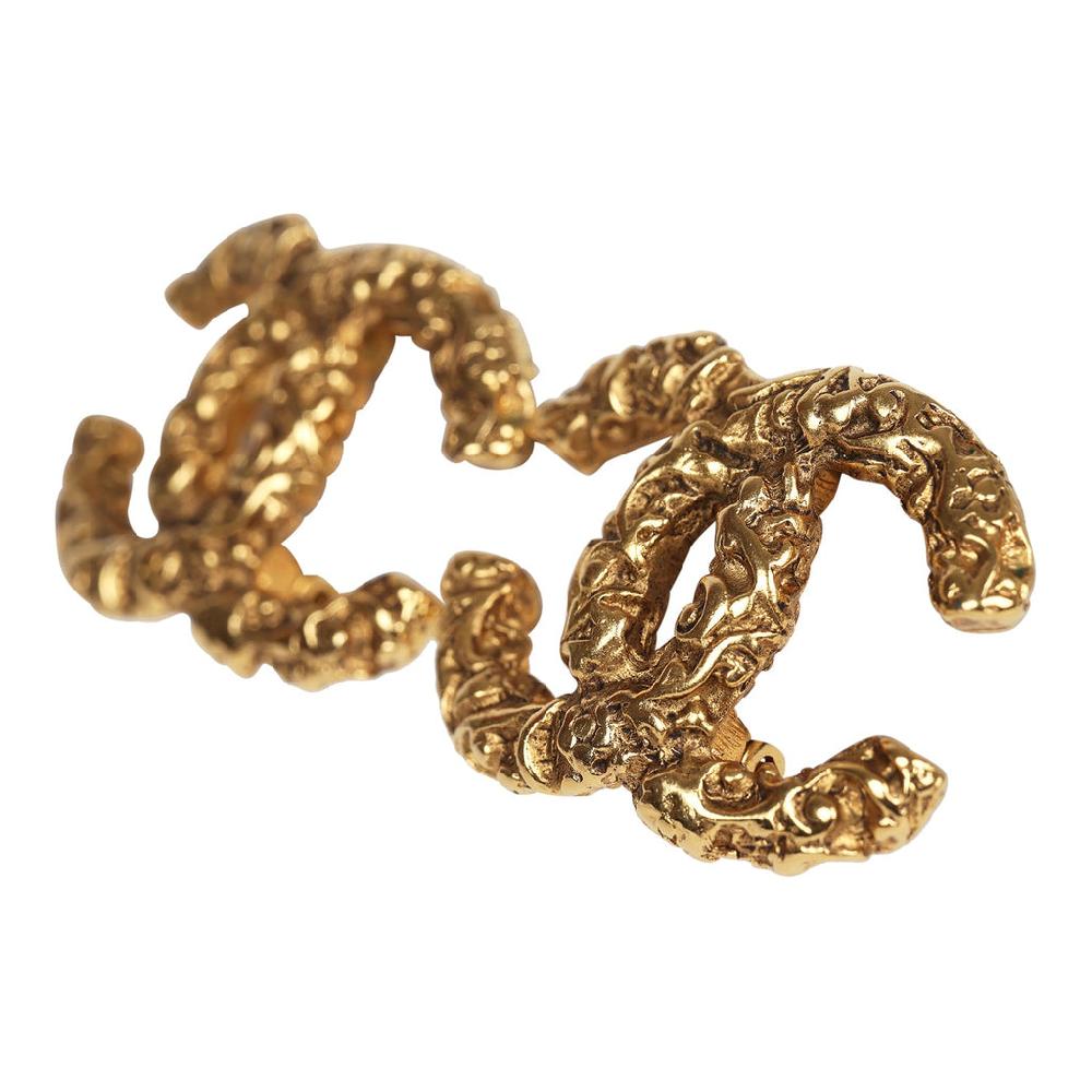 Vintage Chanel 24K Gold Plated Florentine CC Earrings