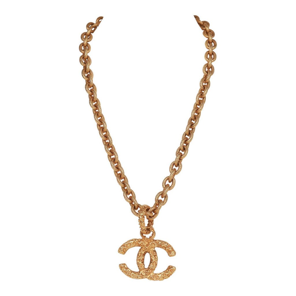 Vintage Chanel 24K Gold Plated Gold Lava CC Pendant Necklace