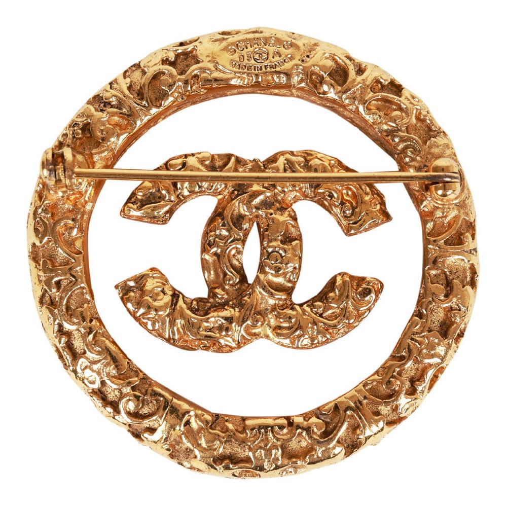 Vintage Chanel 24K Gold Plated Gold Tone CC Lava Textured Brooch