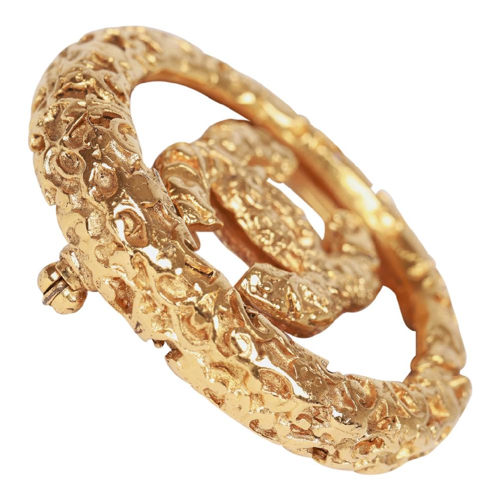 Vintage Chanel 24K Gold Plated Gold Tone CC Lava Textured Brooch