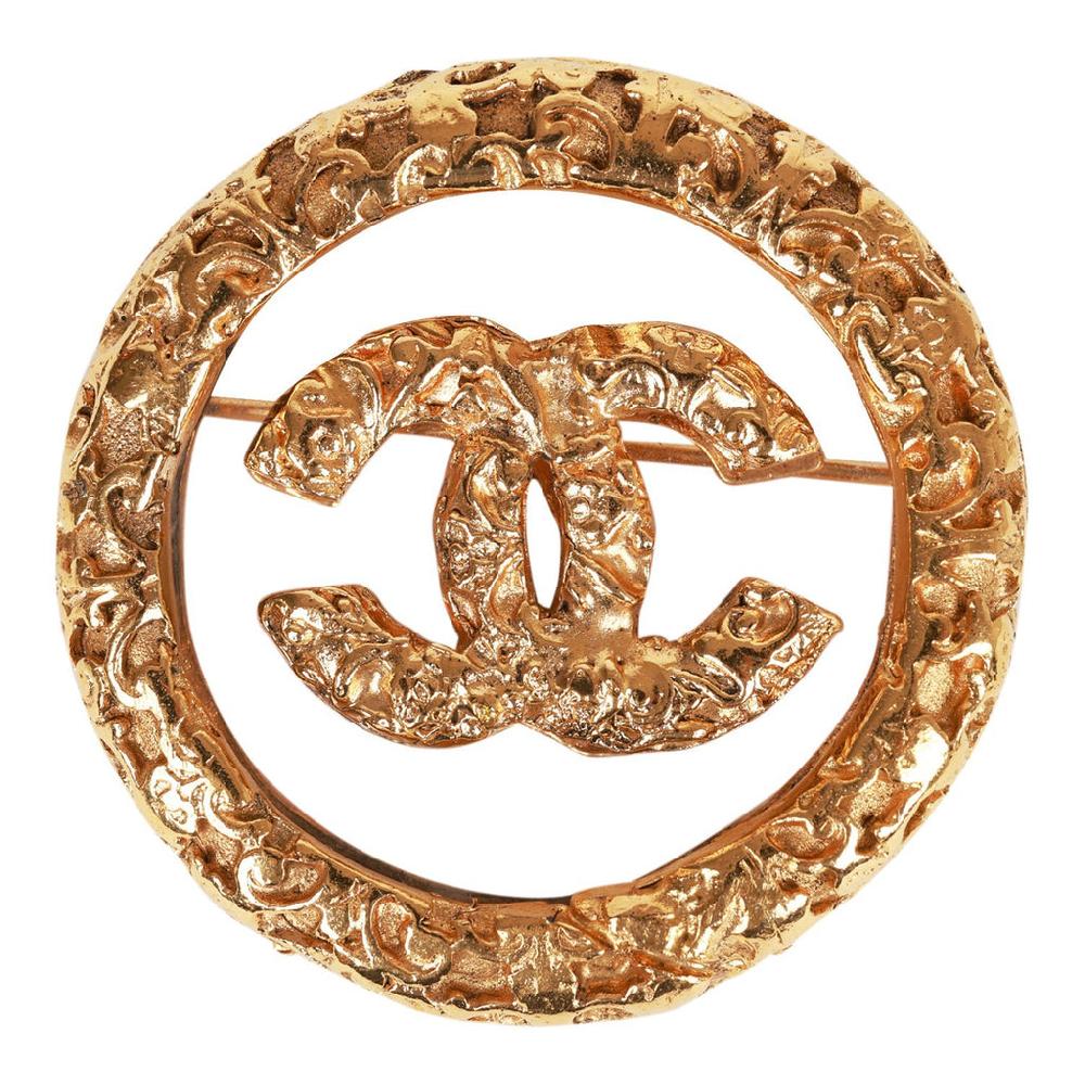 Vintage Chanel 24K Gold Plated Gold Tone CC Lava Textured Brooch