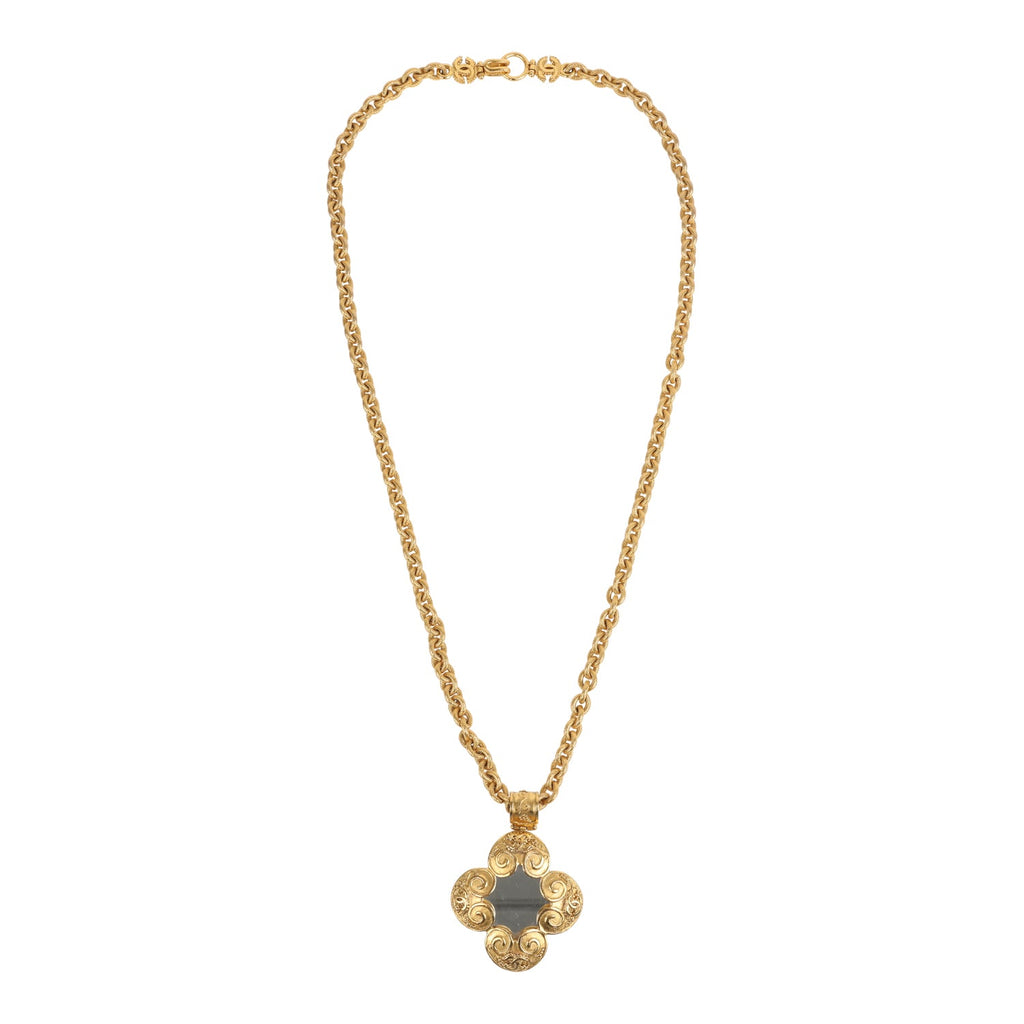 Vintage Chanel 24K Gold Plated Grapevine Mirror Pendant Necklace