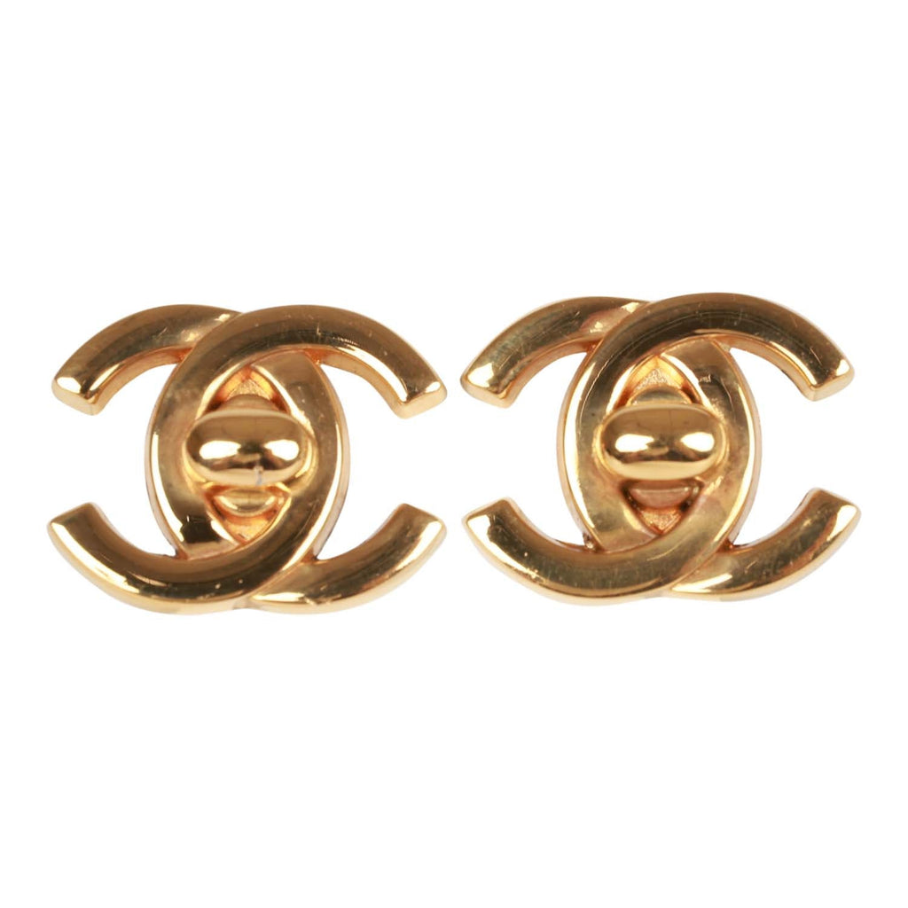 Vintage Chanel 24K Gold Plated Iconic CC Turn Lock Clip Earrings