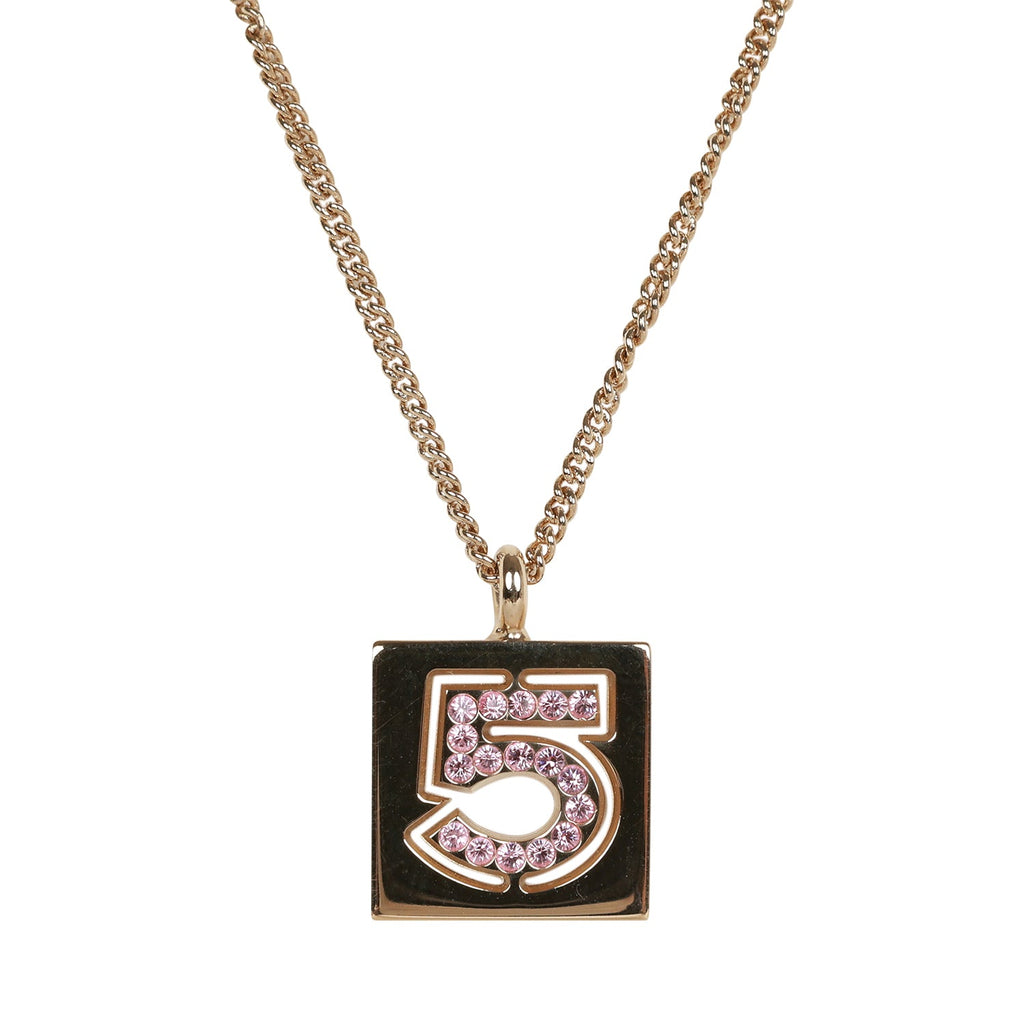 Vintage Chanel 24K Gold Plated Pink No.5 Rhinestone Pendant Necklace