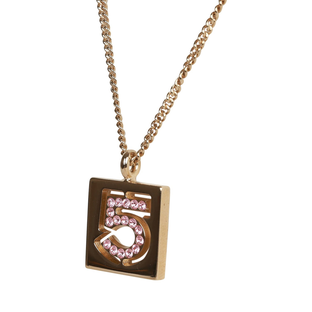 Vintage Chanel 24K Gold Plated Pink No.5 Rhinestone Pendant Necklace