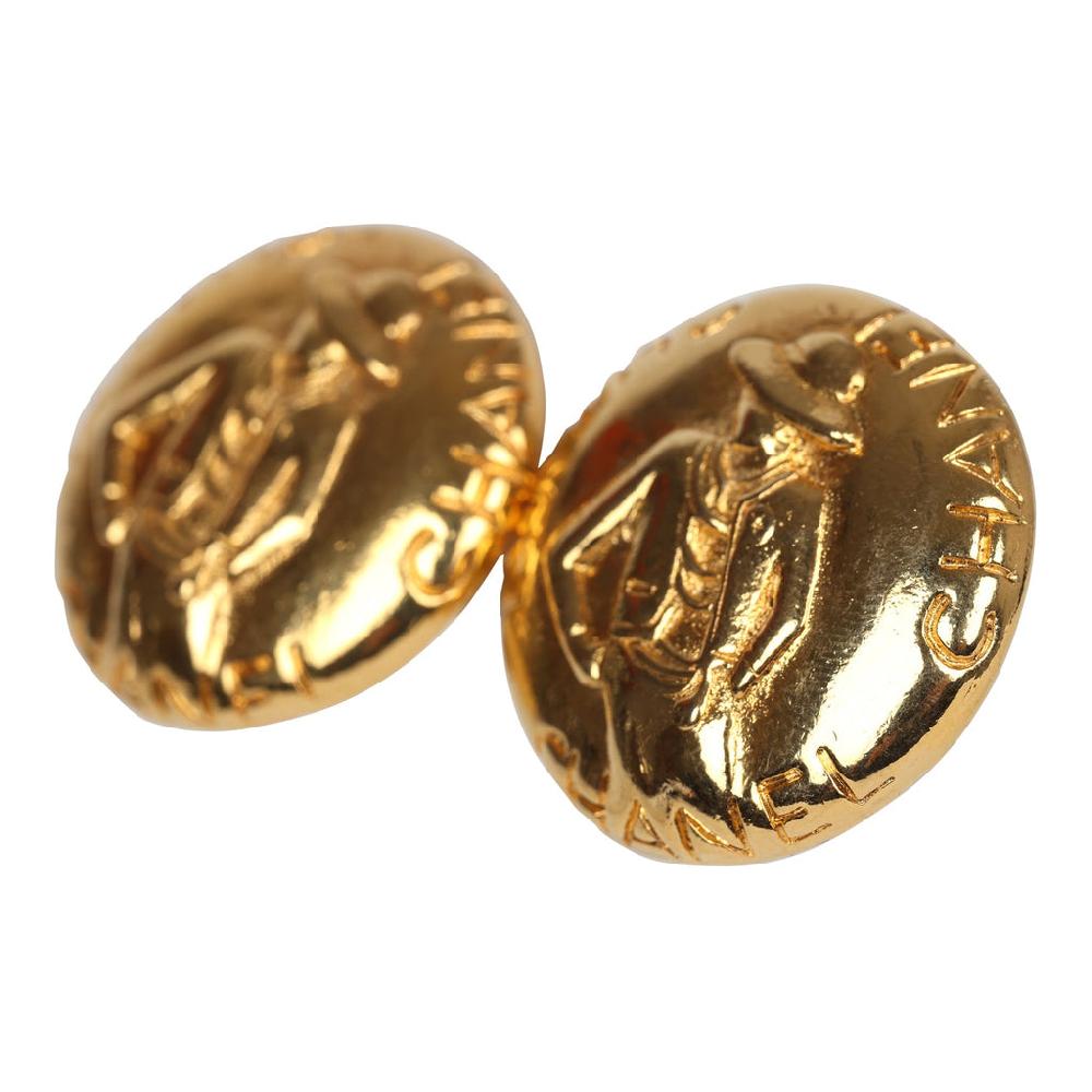 Vintage Chanel 24K Gold Plated Round Coco Mademoiselle Earrings
